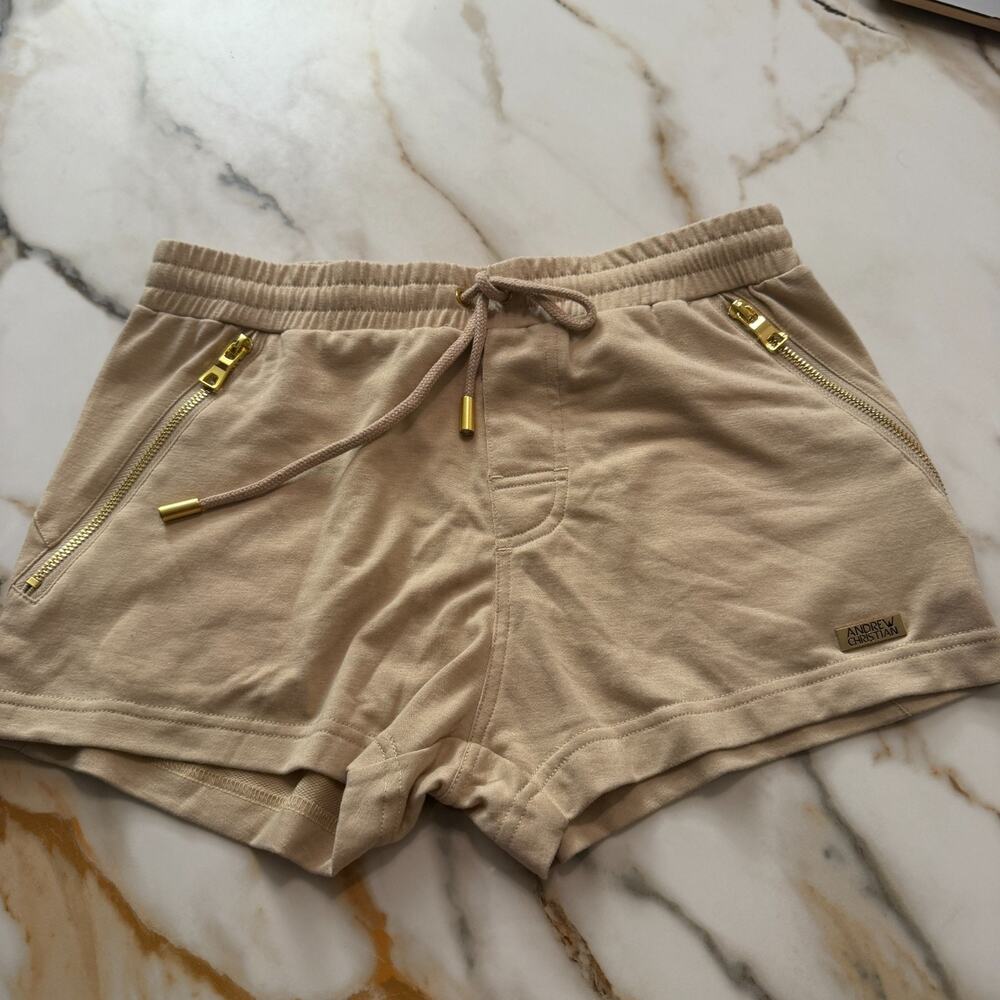 Preloved Andrew Christian Mens Cotton Zip Pocket Short Color Beige Tan Medium